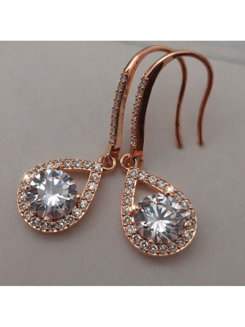 Rose Gold Teardrop Sparkling Crystal Dangle Earrings Wedding Bride
